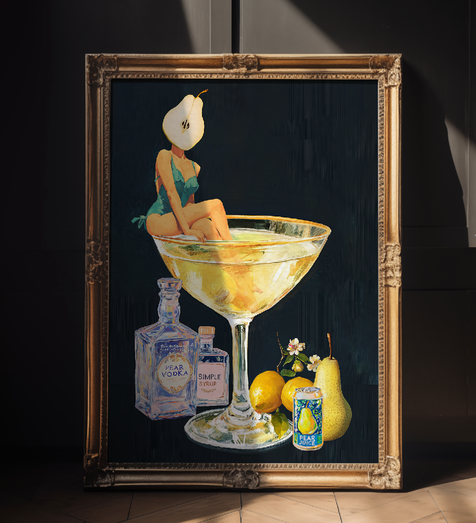Golden Pear Martini Girl Retro Drink Art Print – Vintage Cocktail Poster, Surreal Bar Cart Decor, Funny Art Print, Girly Home Decor