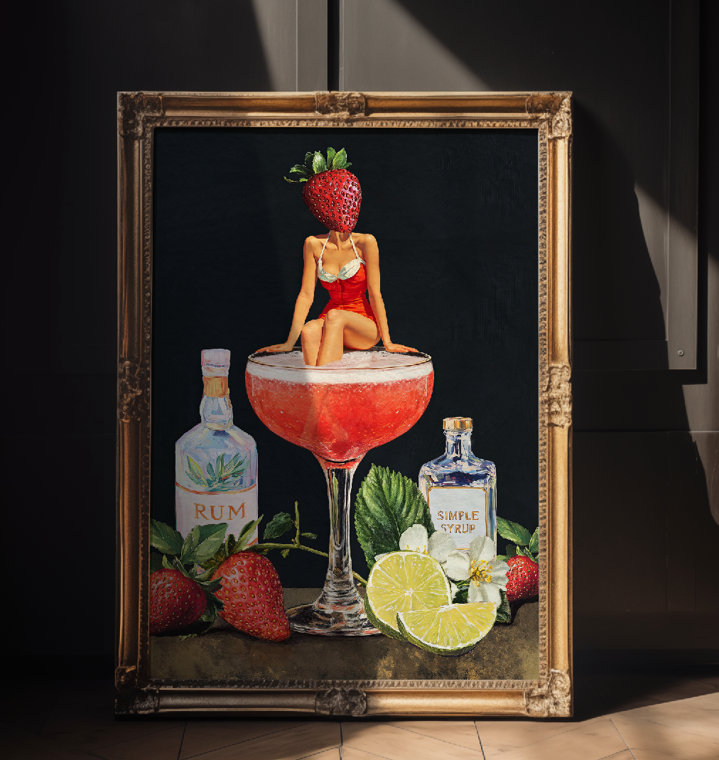 Strawberry Cocktail Girl Retro Wall Art – Vintage Pink Cocktail Poster, Surreal Bar Cart Decor, Funny Art Print, Girly Home Decor
