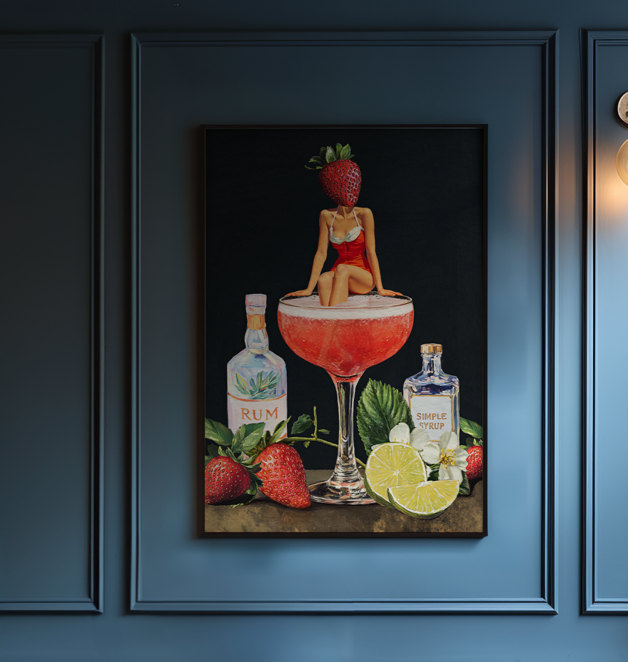 Strawberry Cocktail Girl Retro Wall Art – Vintage Pink Cocktail Poster, Surreal Bar Cart Decor, Funny Art Print, Girly Home Decor