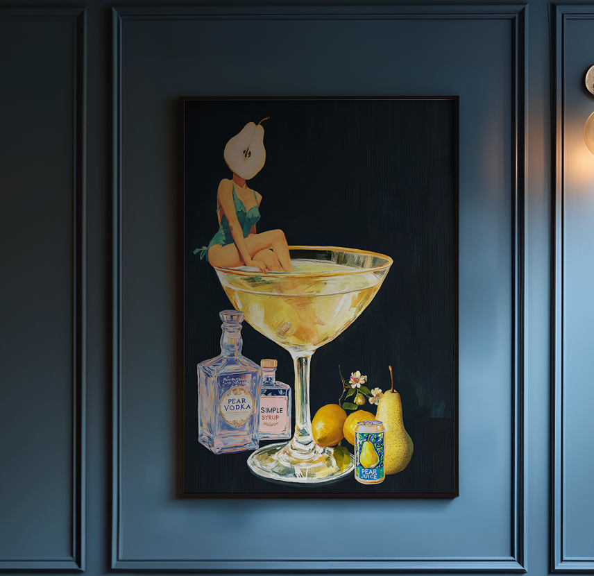 Golden Pear Martini Girl Retro Drink Art Print – Vintage Cocktail Poster, Surreal Bar Cart Decor, Funny Art Print, Girly Home Decor