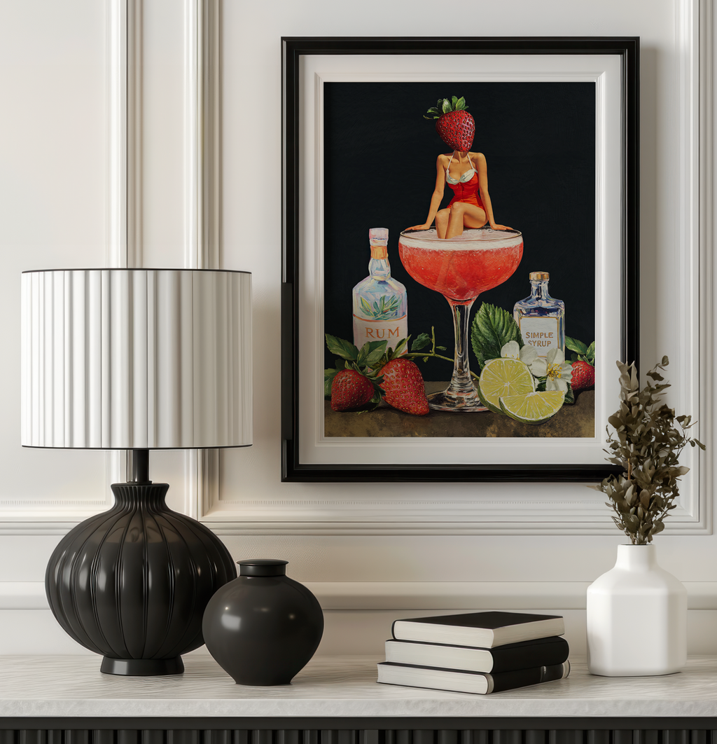 Strawberry Cocktail Girl Retro Wall Art – Vintage Pink Cocktail Poster, Surreal Bar Cart Decor, Funny Art Print, Girly Home Decor