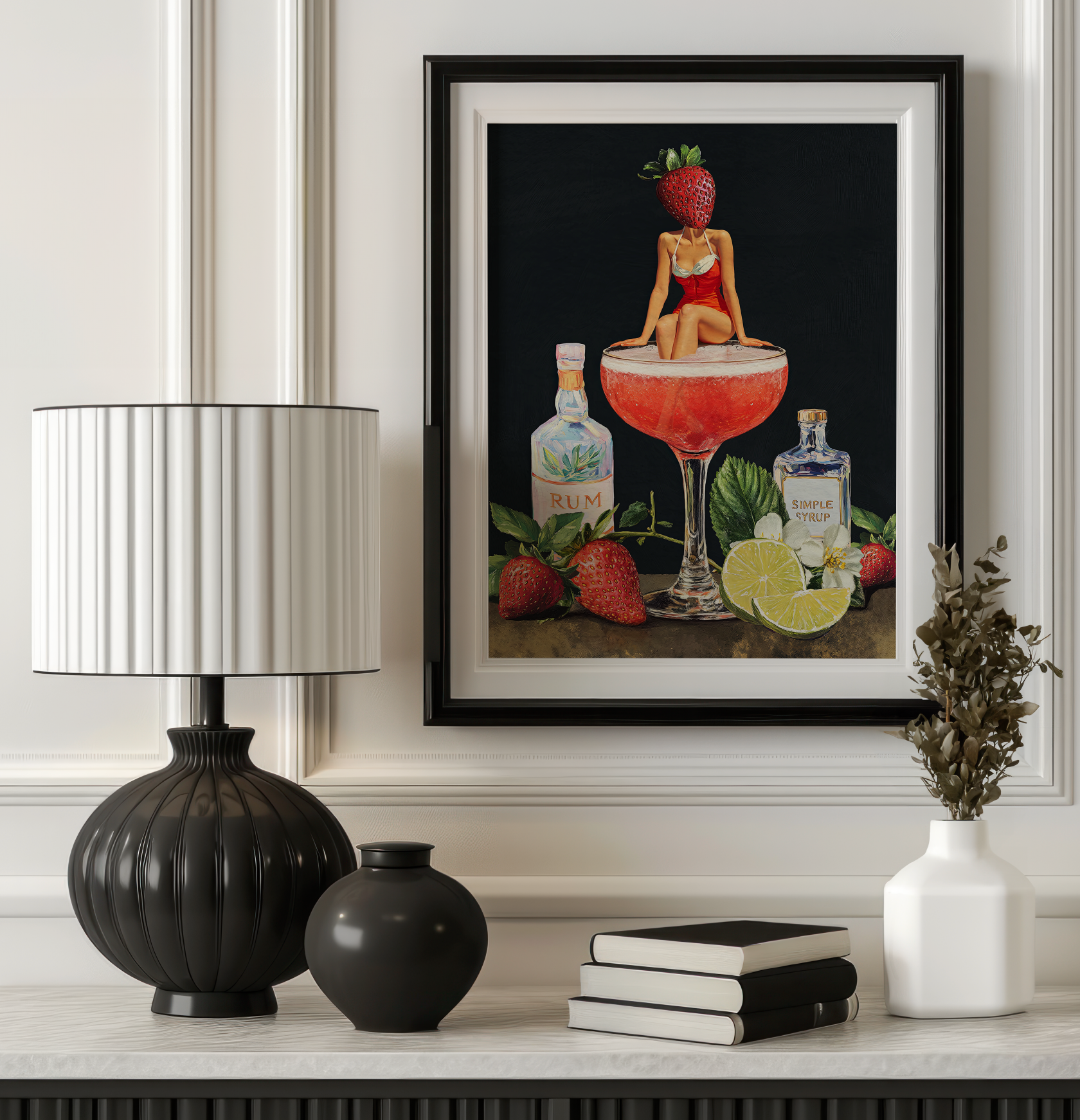 Strawberry Cocktail Girl Retro Wall Art – Vintage Pink Cocktail Poster, Surreal Bar Cart Decor, Funny Art Print, Girly Home Decor