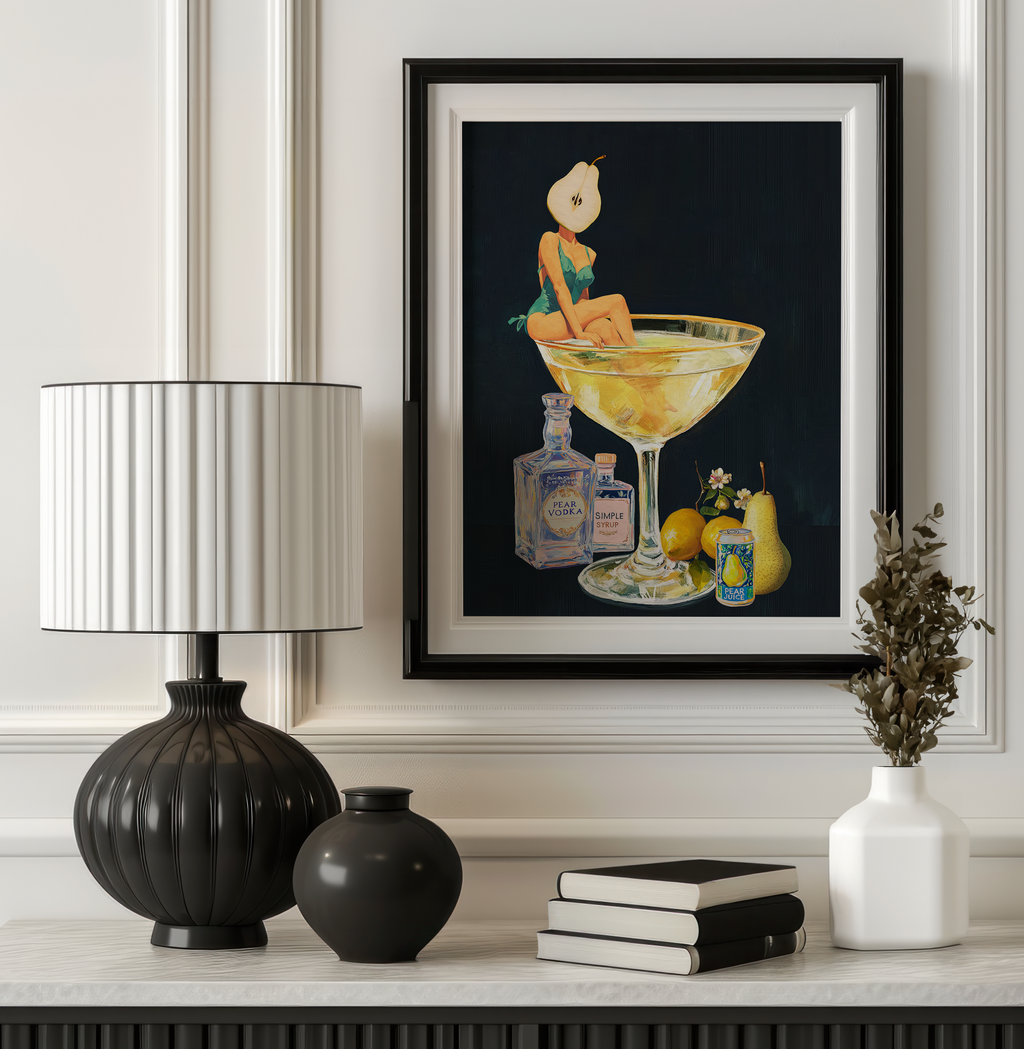 Golden Pear Martini Girl Retro Drink Art Print – Vintage Cocktail Poster, Surreal Bar Cart Decor, Funny Art Print, Girly Home Decor