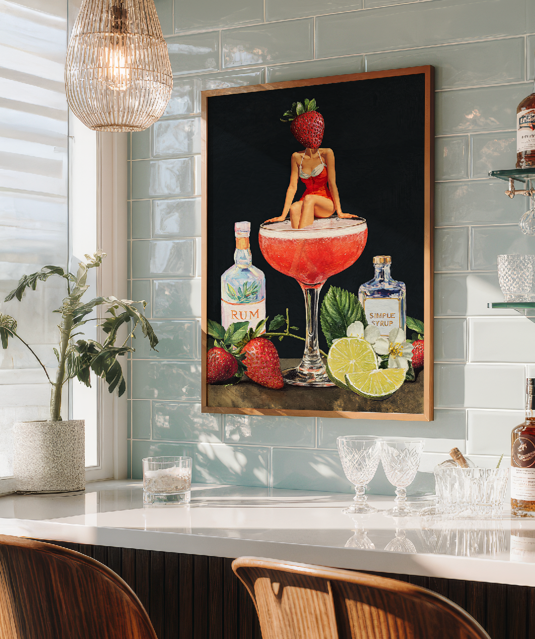 Strawberry Cocktail Girl Retro Wall Art – Vintage Pink Cocktail Poster, Surreal Bar Cart Decor, Funny Art Print, Girly Home Decor