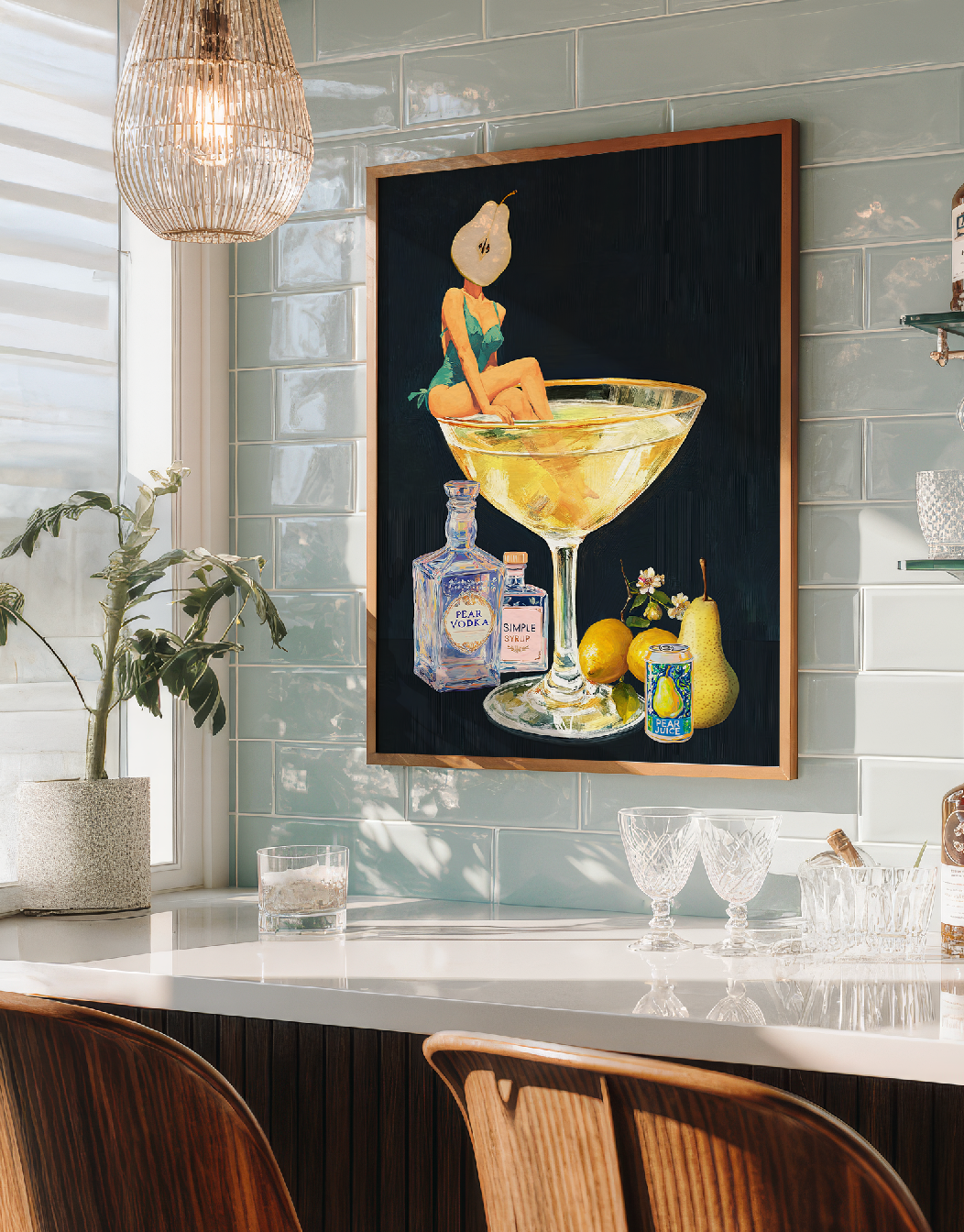 Golden Pear Martini Girl Retro Drink Art Print – Vintage Cocktail Poster, Surreal Bar Cart Decor, Funny Art Print, Girly Home Decor