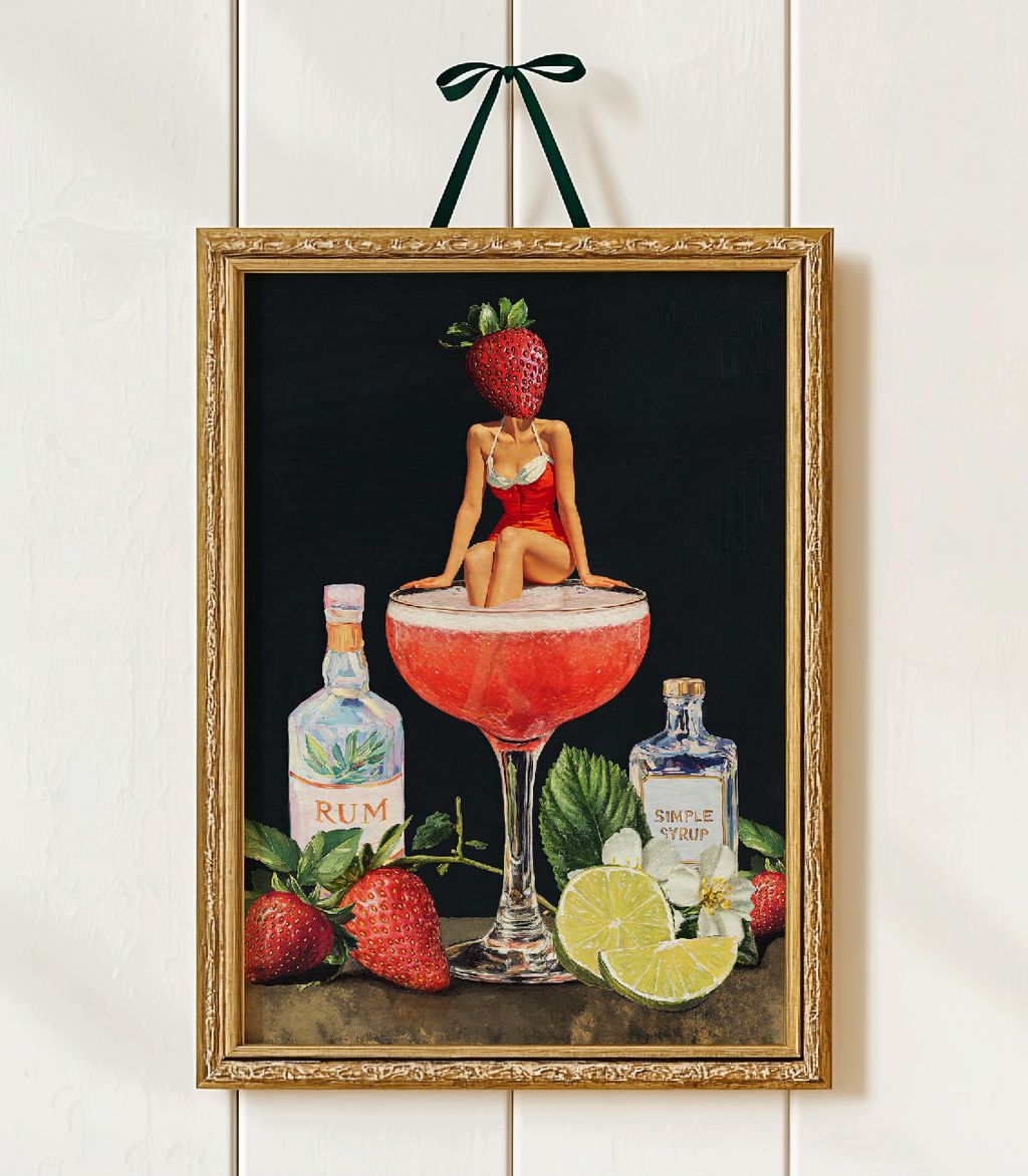 Strawberry Cocktail Girl Retro Wall Art – Vintage Pink Cocktail Poster, Surreal Bar Cart Decor, Funny Art Print, Girly Home Decor
