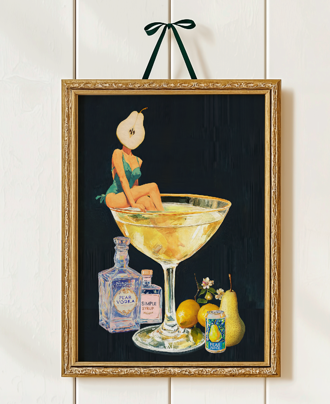 Golden Pear Martini Girl Retro Drink Art Print – Vintage Cocktail Poster, Surreal Bar Cart Decor, Funny Art Print, Girly Home Decor
