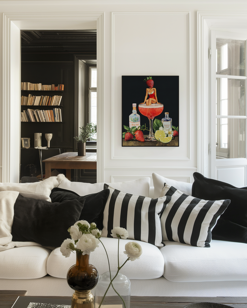 Strawberry Cocktail Girl Retro Wall Art – Vintage Pink Cocktail Poster, Surreal Bar Cart Decor, Funny Art Print, Girly Home Decor