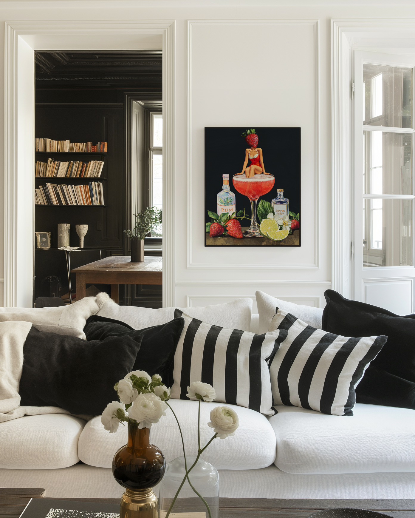 Strawberry Cocktail Girl Retro Wall Art – Vintage Pink Cocktail Poster, Surreal Bar Cart Decor, Funny Art Print, Girly Home Decor