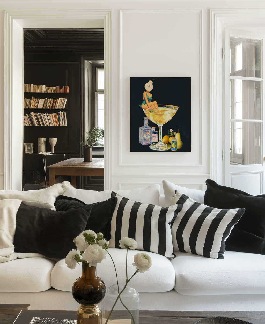 Golden Pear Martini Girl Retro Drink Art Print – Vintage Cocktail Poster, Surreal Bar Cart Decor, Funny Art Print, Girly Home Decor