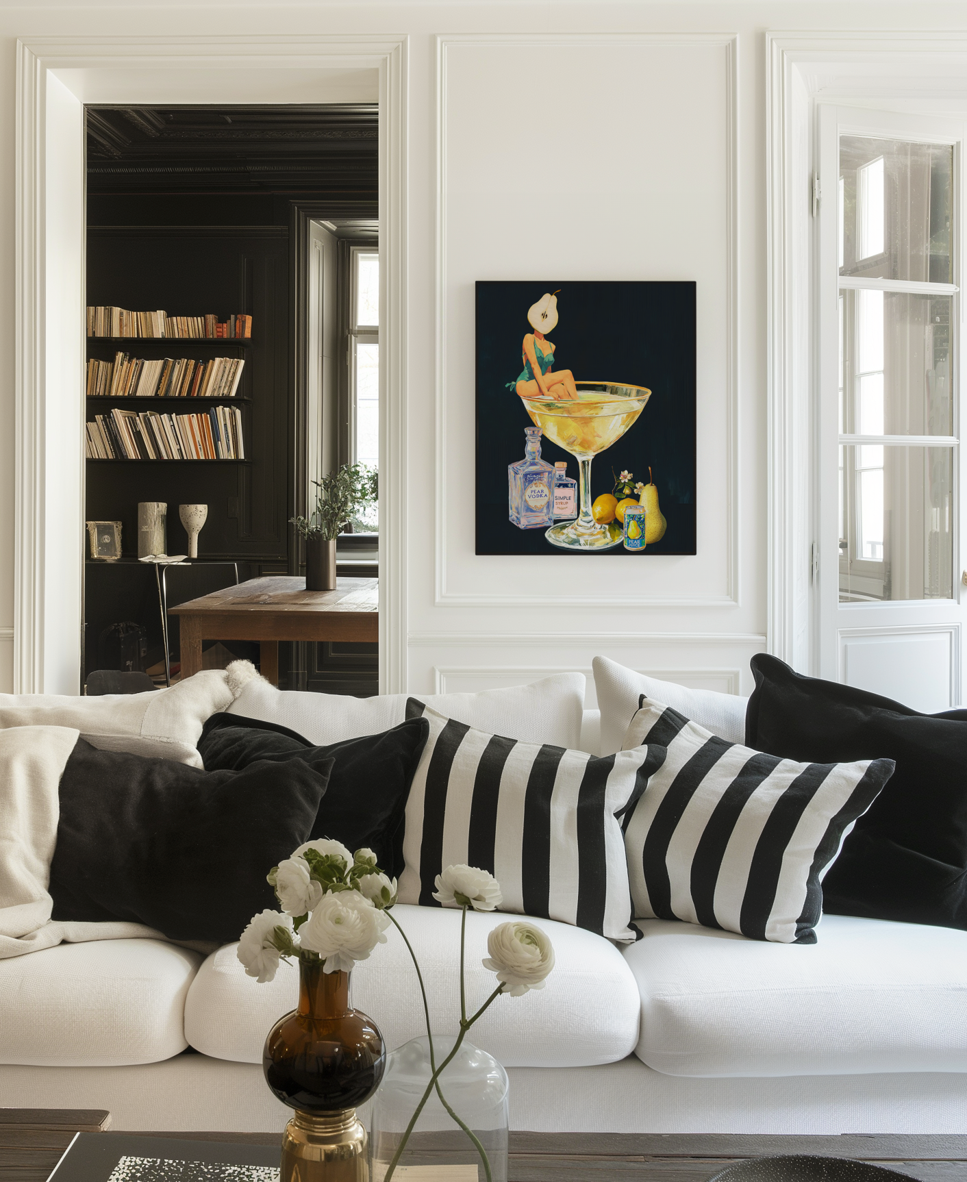 Golden Pear Martini Girl Retro Drink Art Print – Vintage Cocktail Poster, Surreal Bar Cart Decor, Funny Art Print, Girly Home Decor