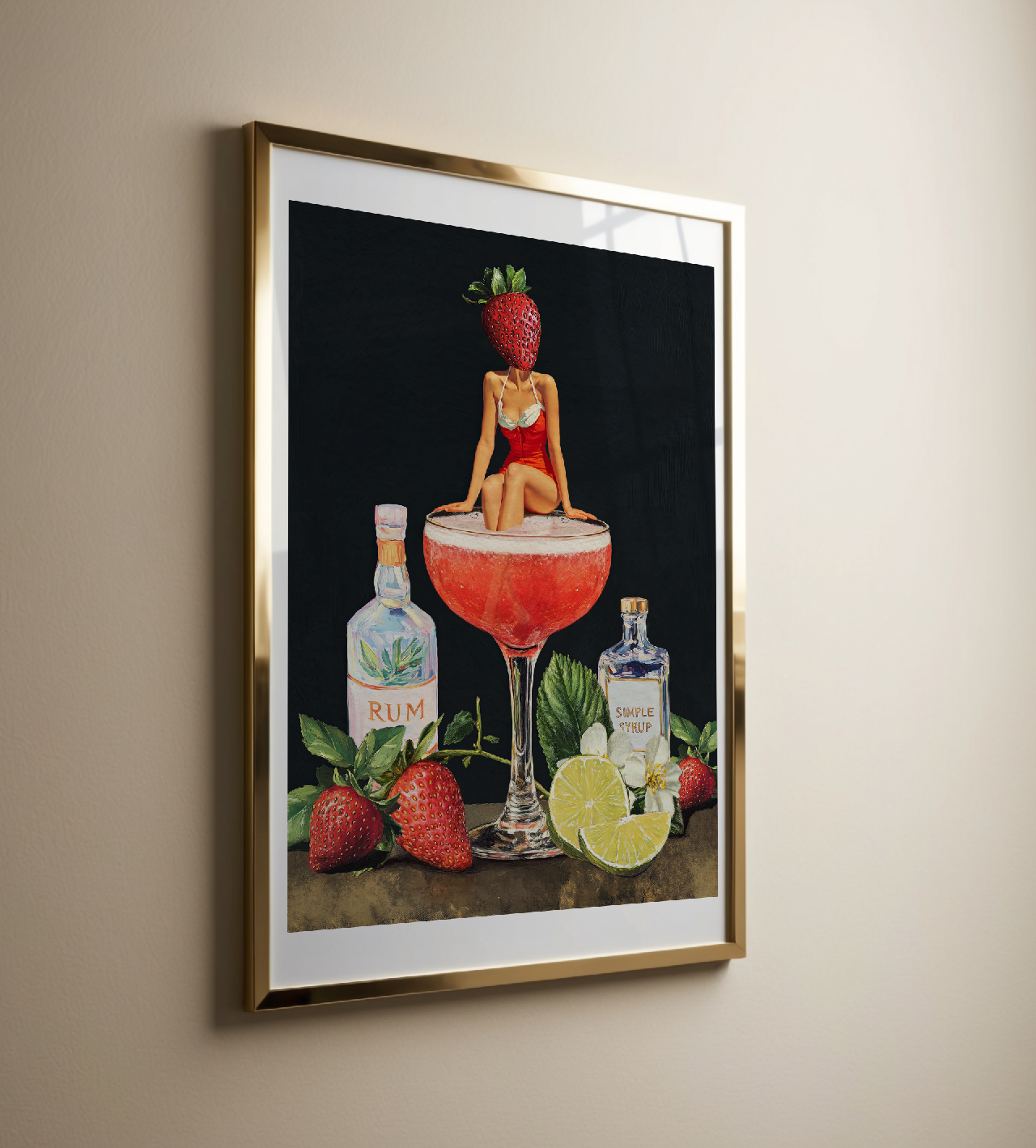 Strawberry Cocktail Girl Retro Wall Art – Vintage Pink Cocktail Poster, Surreal Bar Cart Decor, Funny Art Print, Girly Home Decor