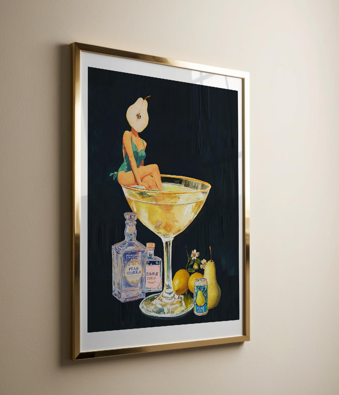 Golden Pear Martini Girl Retro Drink Art Print – Vintage Cocktail Poster, Surreal Bar Cart Decor, Funny Art Print, Girly Home Decor
