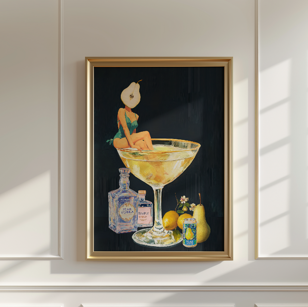 Golden Pear Martini Girl Retro Drink Art Print – Vintage Cocktail Poster, Surreal Bar Cart Decor, Funny Art Print, Girly Home Decor