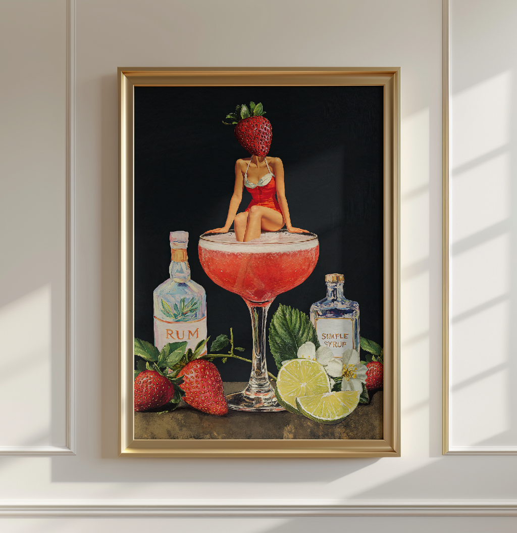Strawberry Cocktail Girl Retro Wall Art – Vintage Pink Cocktail Poster, Surreal Bar Cart Decor, Funny Art Print, Girly Home Decor
