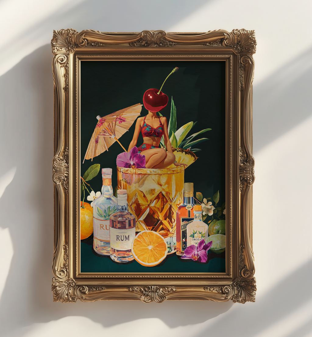 Mai Tai Cocktail Girl Art Print – Retro Drink Poster, Surreal Wall Decor, Cherry Head Girl, Tiki Bar Art, Vintage Cocktail Illustration