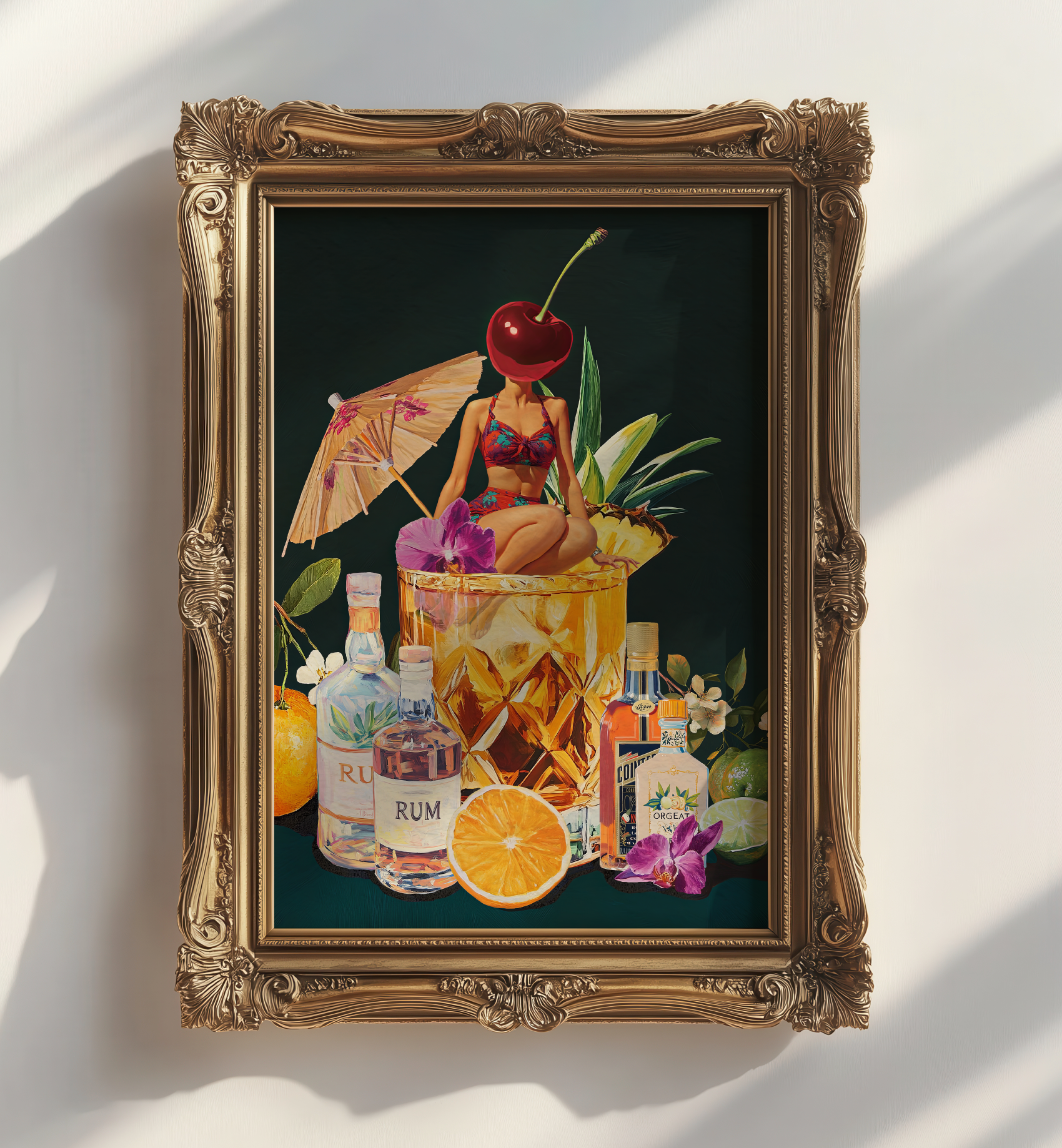 Mai Tai Cocktail Girl Art Print – Retro Drink Poster, Surreal Wall Decor, Cherry Head Girl, Tiki Bar Art, Vintage Cocktail Illustration