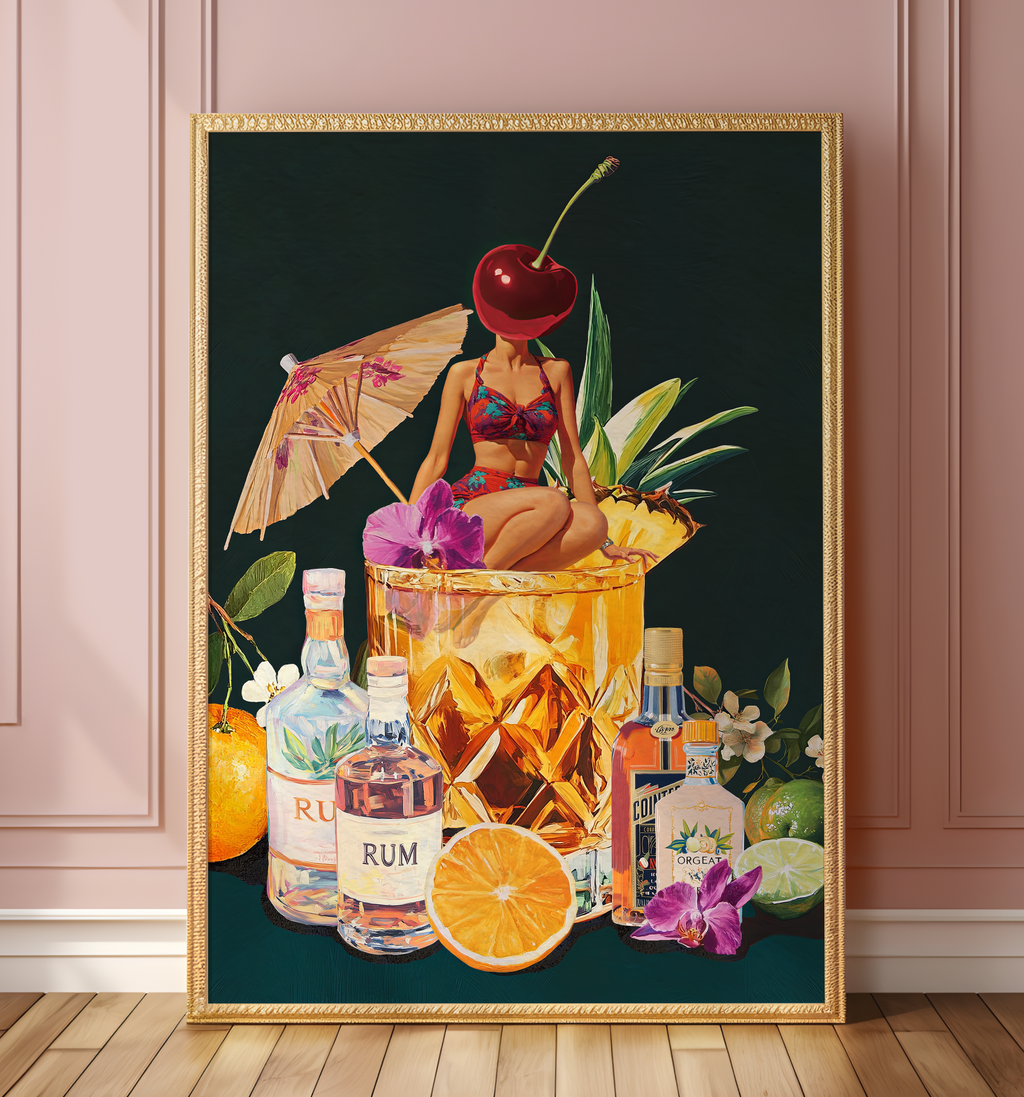 Mai Tai Cocktail Girl Art Print – Retro Drink Poster, Surreal Wall Decor, Cherry Head Girl, Tiki Bar Art, Vintage Cocktail Illustration