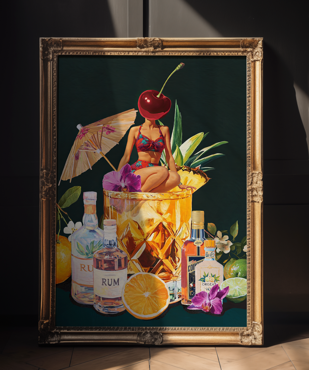 Mai Tai Cocktail Girl Art Print – Retro Drink Poster, Surreal Wall Decor, Cherry Head Girl, Tiki Bar Art, Vintage Cocktail Illustration
