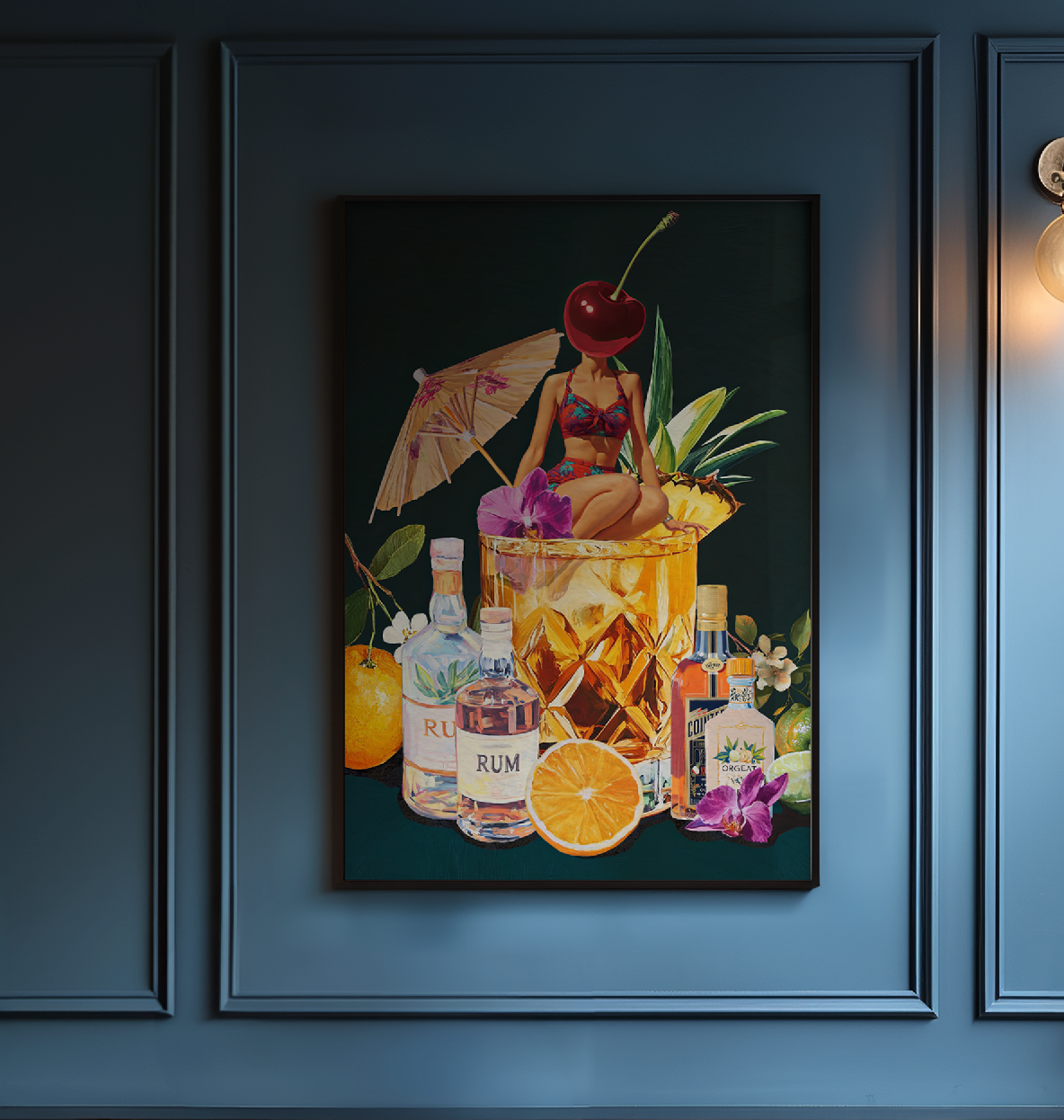 Mai Tai Cocktail Girl Art Print – Retro Drink Poster, Surreal Wall Decor, Cherry Head Girl, Tiki Bar Art, Vintage Cocktail Illustration