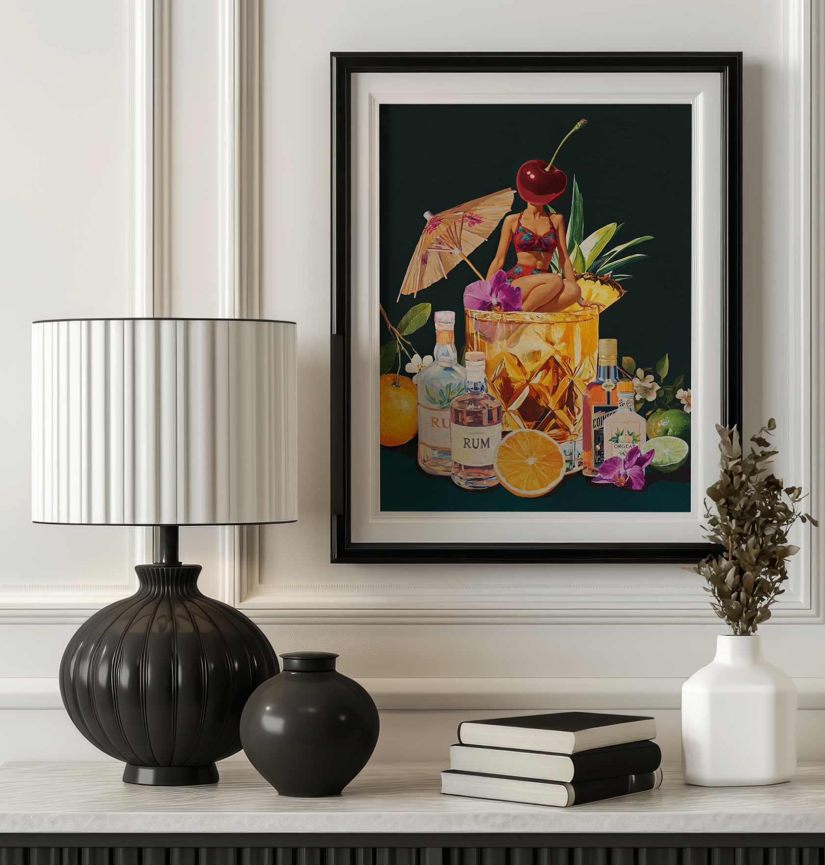 Mai Tai Cocktail Girl Art Print – Retro Drink Poster, Surreal Wall Decor, Cherry Head Girl, Tiki Bar Art, Vintage Cocktail Illustration