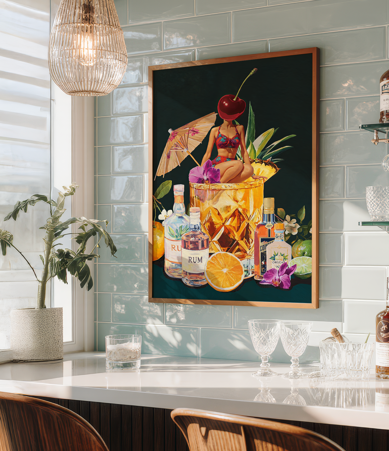 Mai Tai Cocktail Girl Art Print – Retro Drink Poster, Surreal Wall Decor, Cherry Head Girl, Tiki Bar Art, Vintage Cocktail Illustration