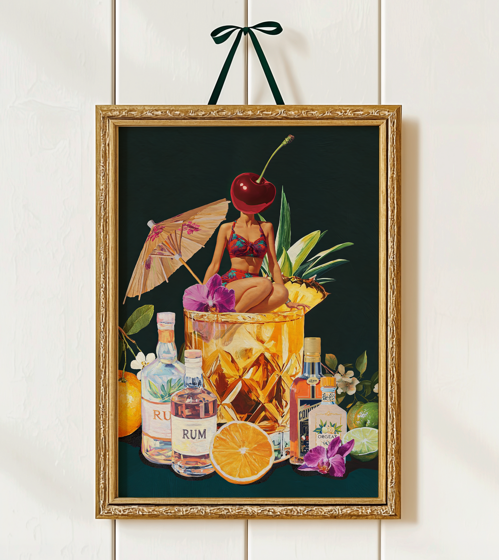 Mai Tai Cocktail Girl Art Print – Retro Drink Poster, Surreal Wall Decor, Cherry Head Girl, Tiki Bar Art, Vintage Cocktail Illustration