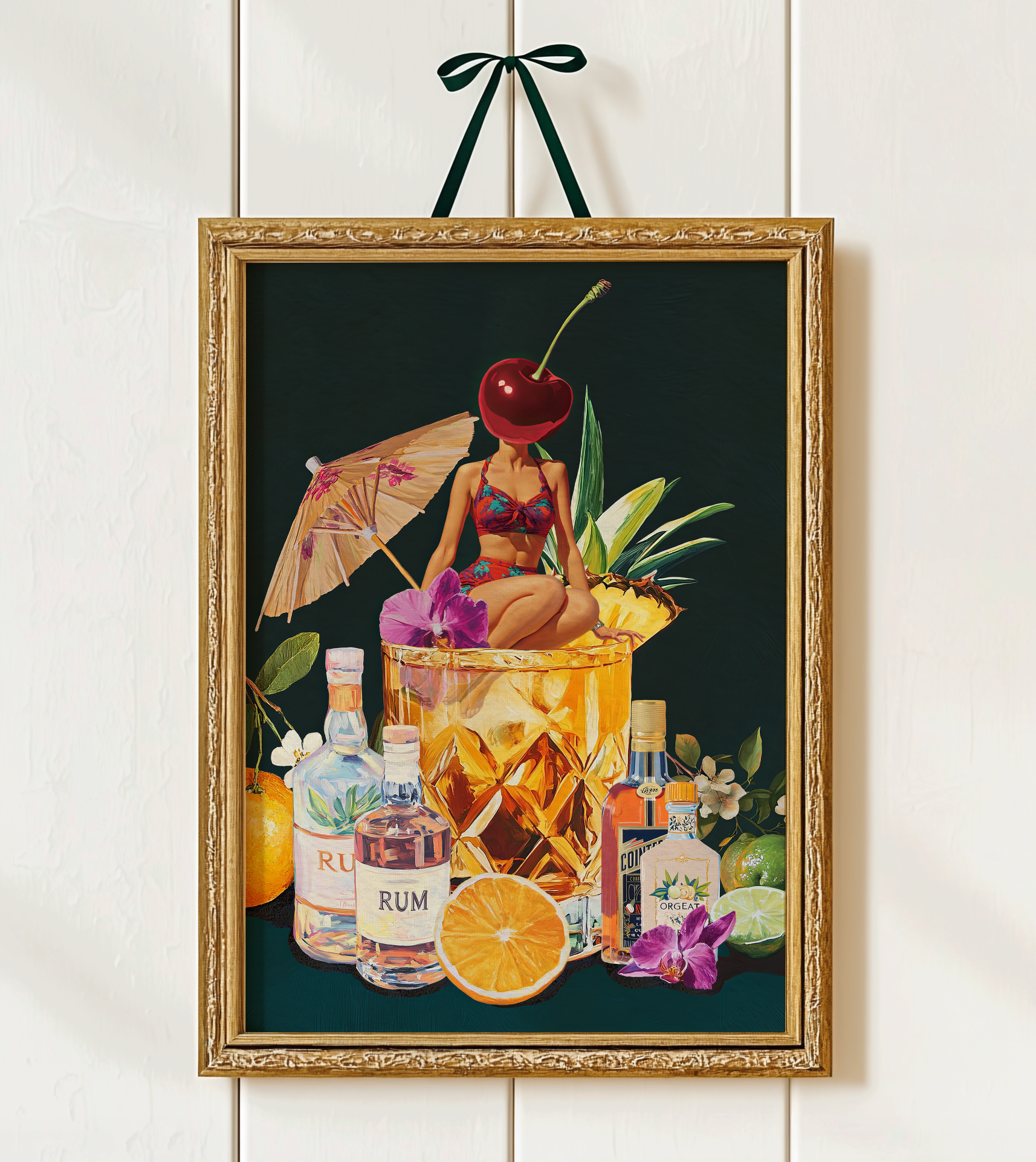 Mai Tai Cocktail Girl Art Print – Retro Drink Poster, Surreal Wall Decor, Cherry Head Girl, Tiki Bar Art, Vintage Cocktail Illustration