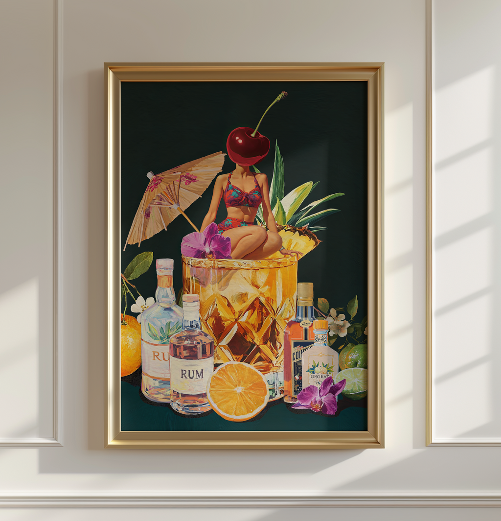 Mai Tai Cocktail Girl Art Print – Retro Drink Poster, Surreal Wall Decor, Cherry Head Girl, Tiki Bar Art, Vintage Cocktail Illustration