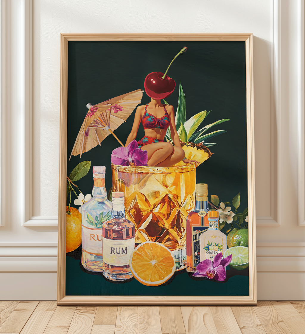 Mai Tai Cocktail Girl Art Print – Retro Drink Poster, Surreal Wall Decor, Cherry Head Girl, Tiki Bar Art, Vintage Cocktail Illustration