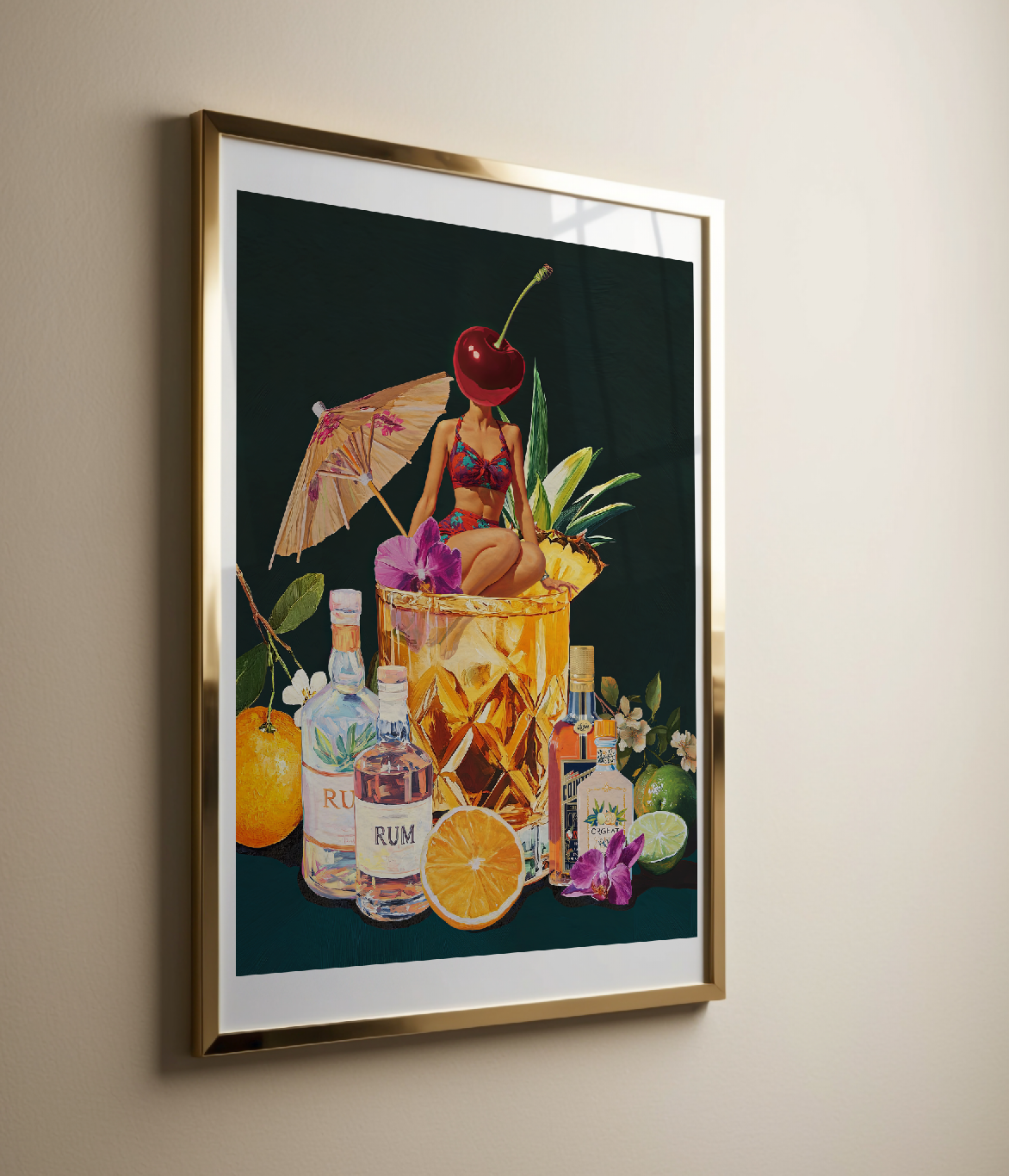 Mai Tai Cocktail Girl Art Print – Retro Drink Poster, Surreal Wall Decor, Cherry Head Girl, Tiki Bar Art, Vintage Cocktail Illustration
