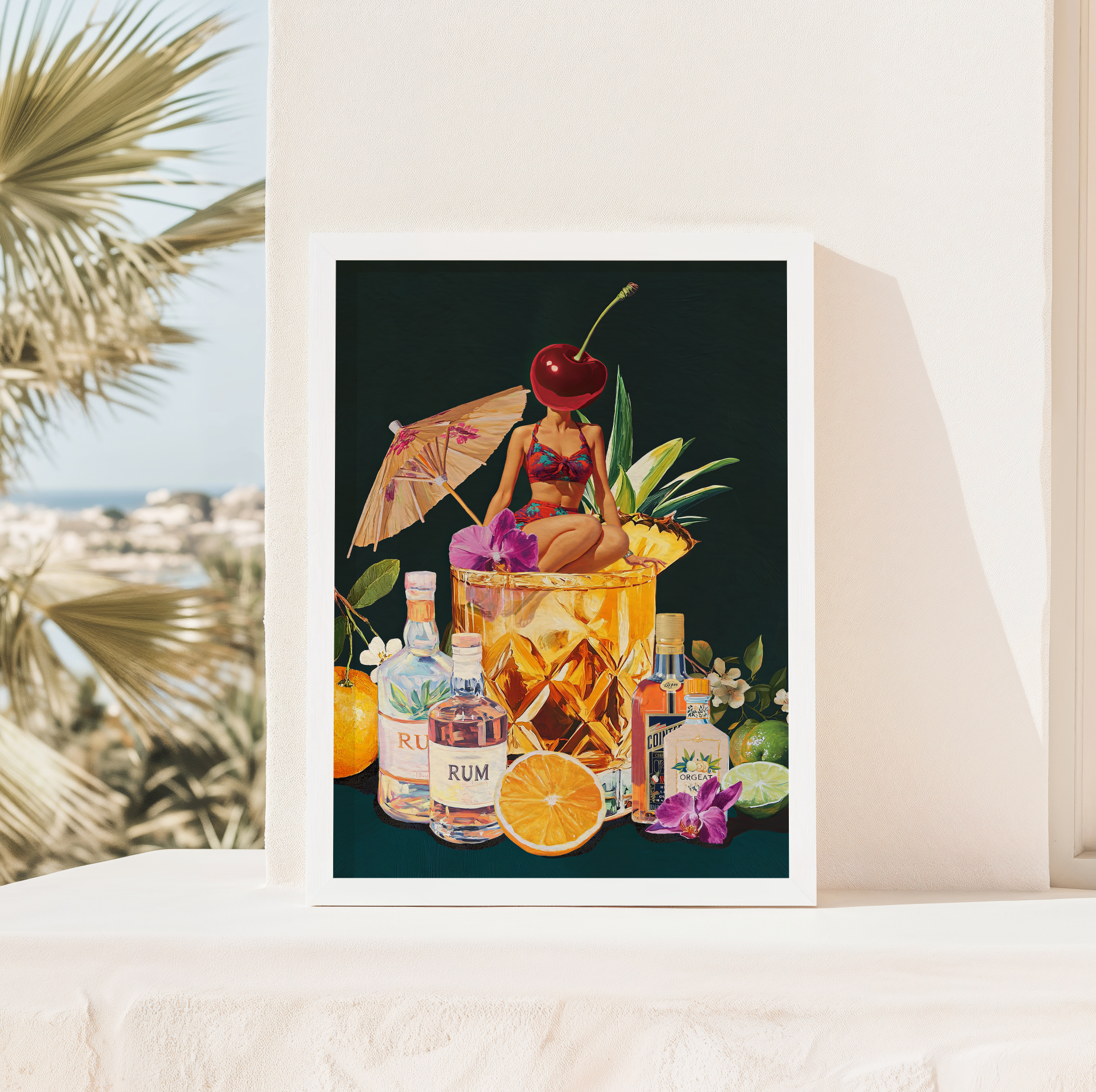 Mai Tai Cocktail Girl Art Print – Retro Drink Poster, Surreal Wall Decor, Cherry Head Girl, Tiki Bar Art, Vintage Cocktail Illustration