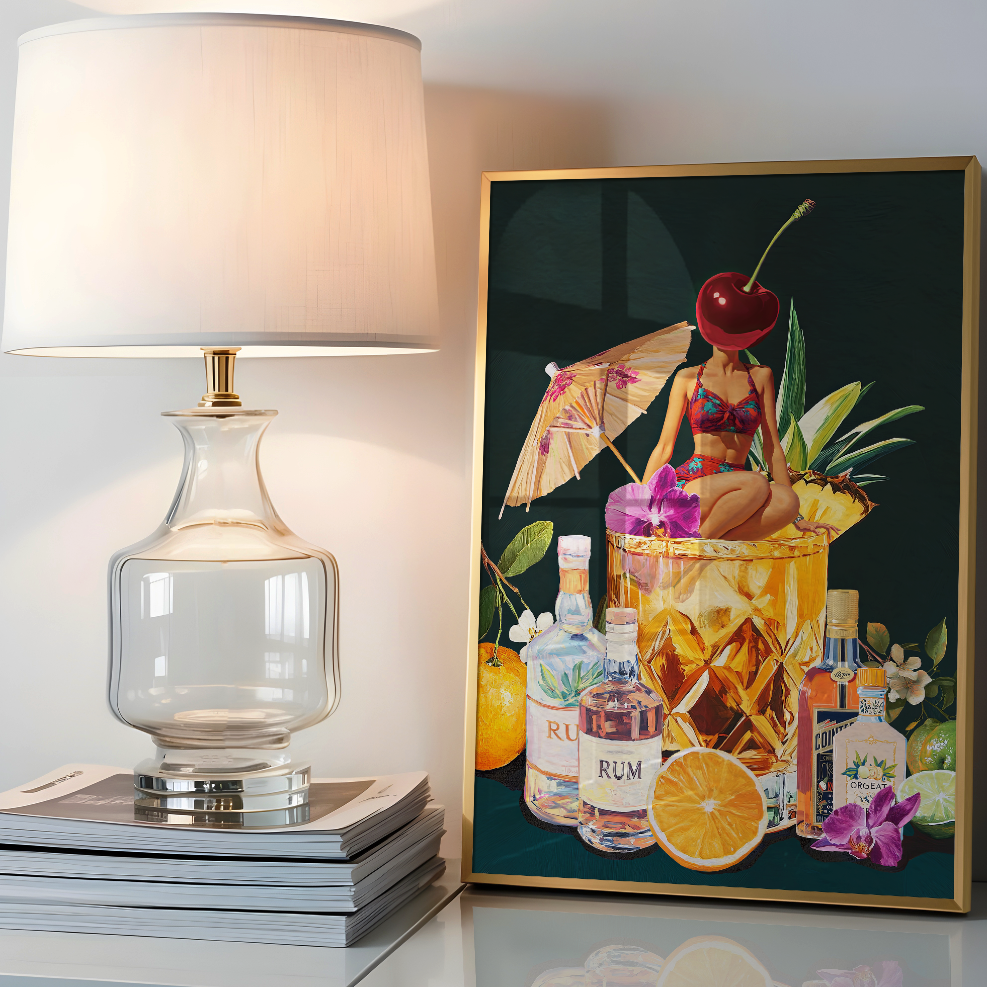 Mai Tai Cocktail Girl Art Print – Retro Drink Poster, Surreal Wall Decor, Cherry Head Girl, Tiki Bar Art, Vintage Cocktail Illustration