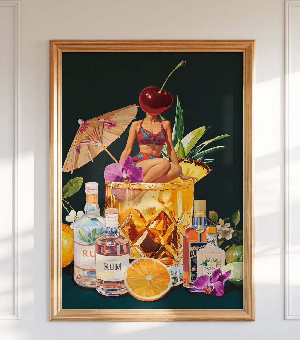 Mai Tai Cocktail Girl Art Print – Retro Drink Poster, Surreal Wall Decor, Cherry Head Girl, Tiki Bar Art, Vintage Cocktail Illustration