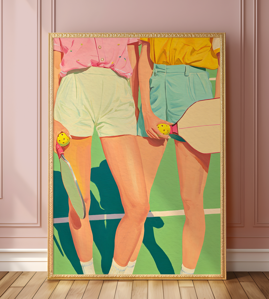 Chic Ladies Pickleball Sports Decor – Retro Pink & Green Wall Art, Preppy Court Illustration, Motivational Quote, Athlete Gift for Her