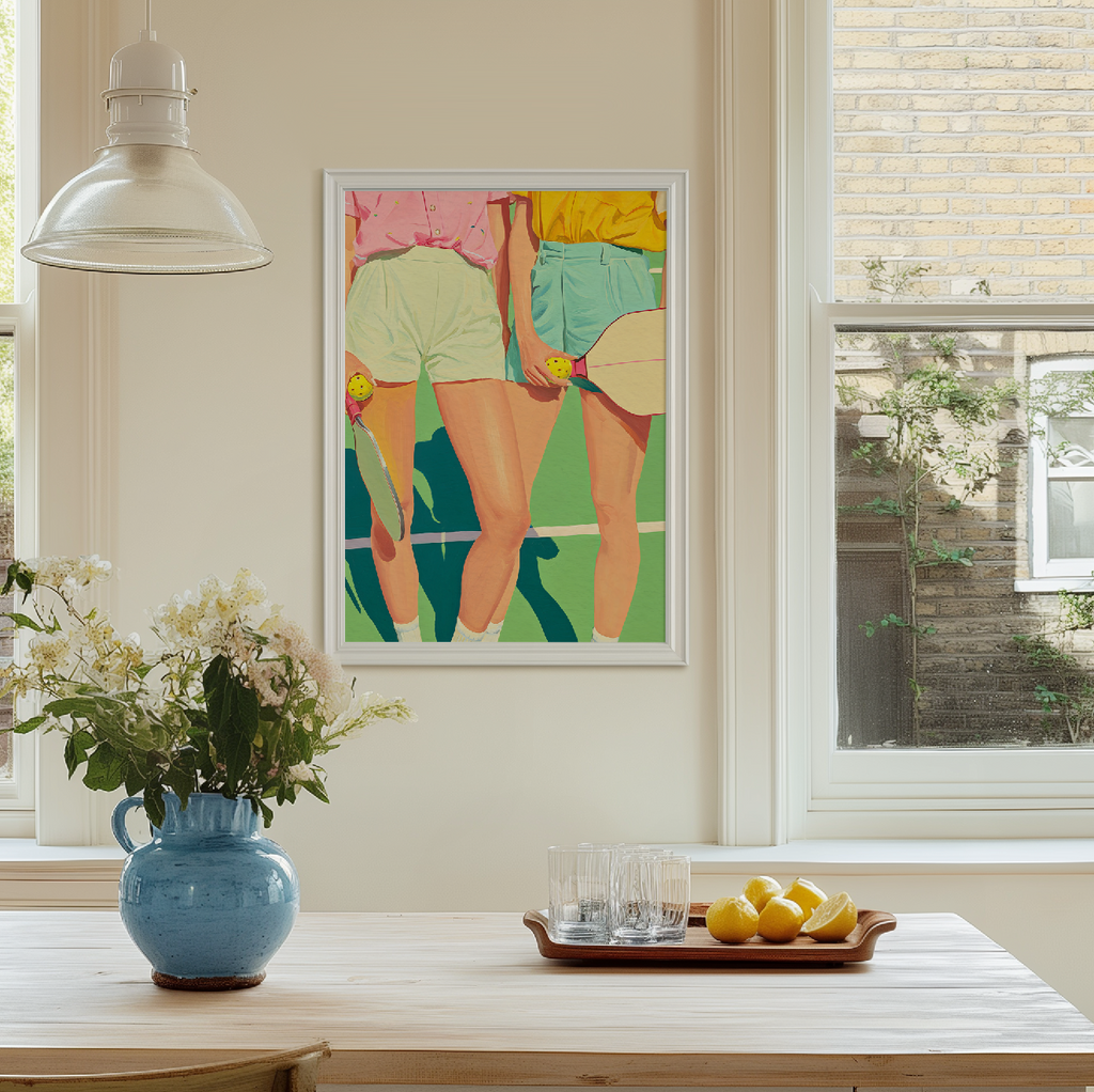 Chic Ladies Pickleball Sports Decor – Retro Pink & Green Wall Art, Preppy Court Illustration, Motivational Quote, Athlete Gift for Her