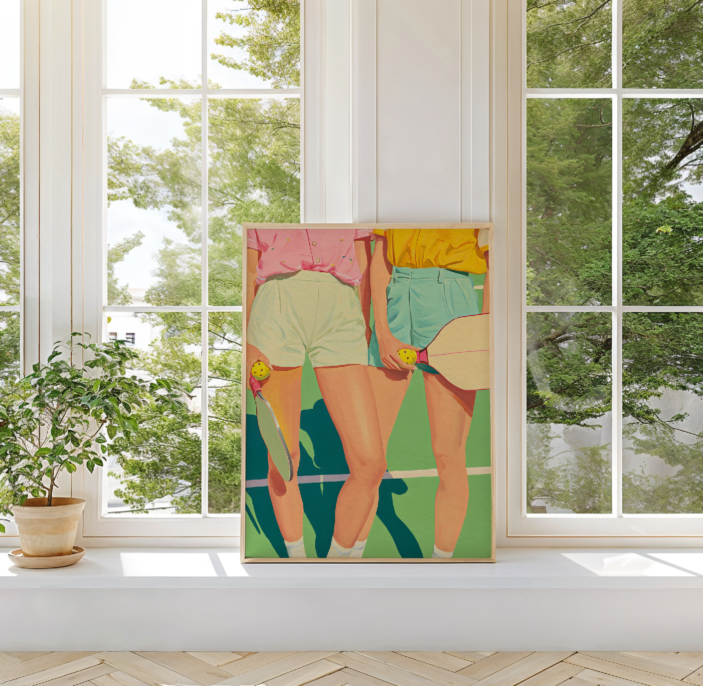 Chic Ladies Pickleball Sports Decor – Retro Pink & Green Wall Art, Preppy Court Illustration, Motivational Quote, Athlete Gift for Her