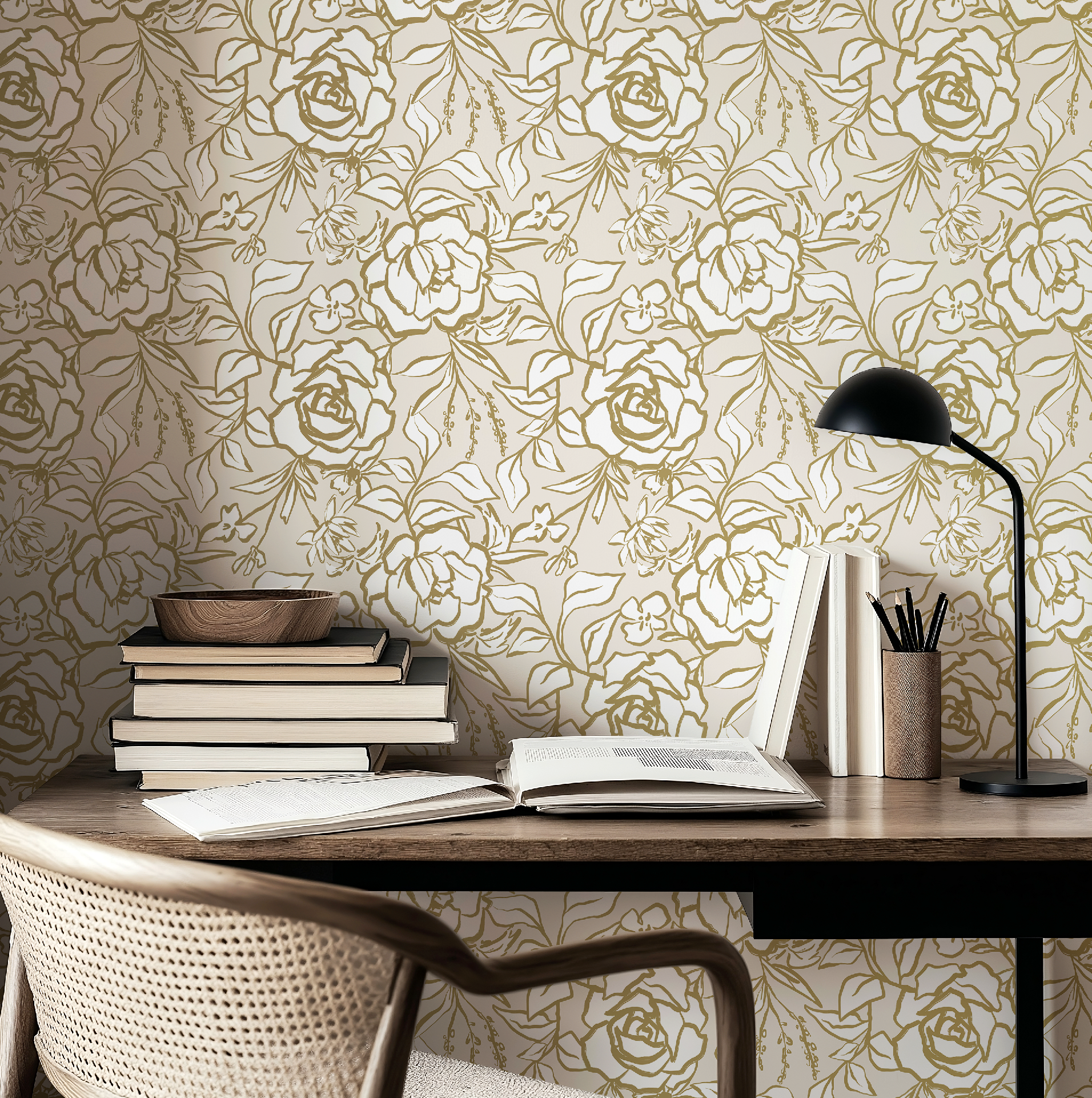 Floral Ink Wallpaper in Ivory and Gold