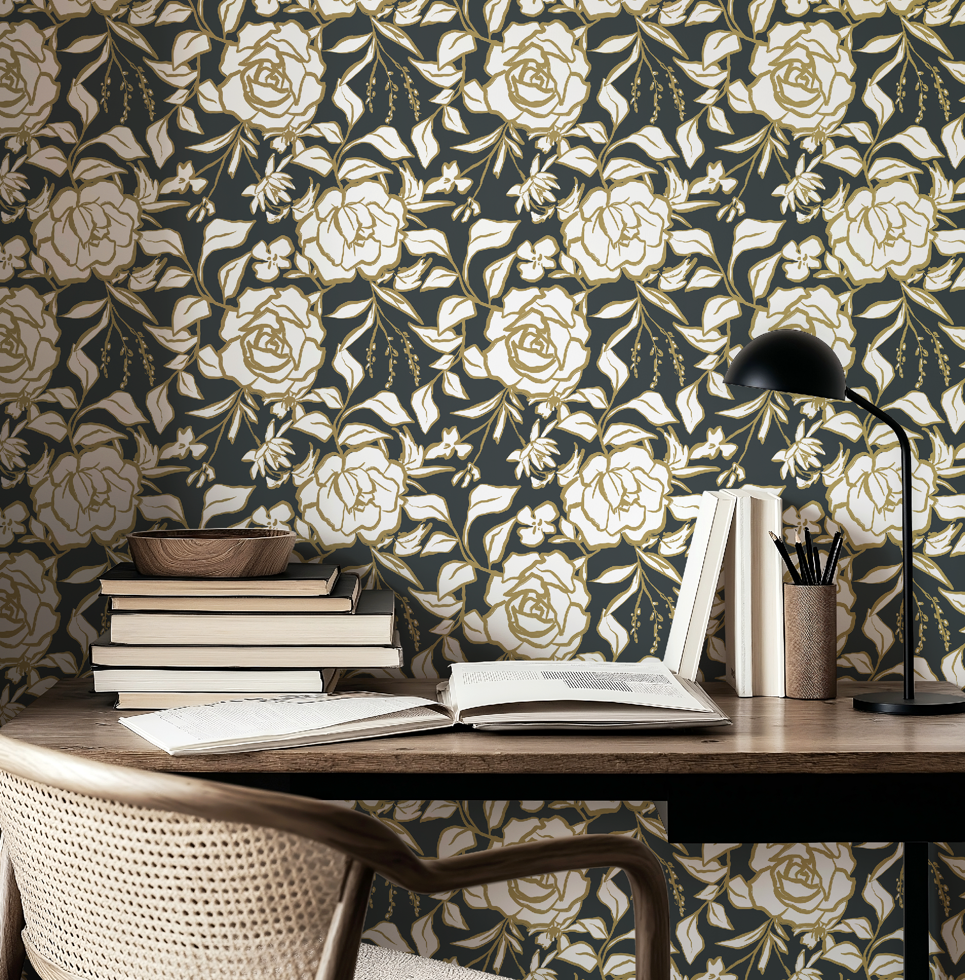 Floral Ink Wallpaper in Dark Gray and Muted Gold