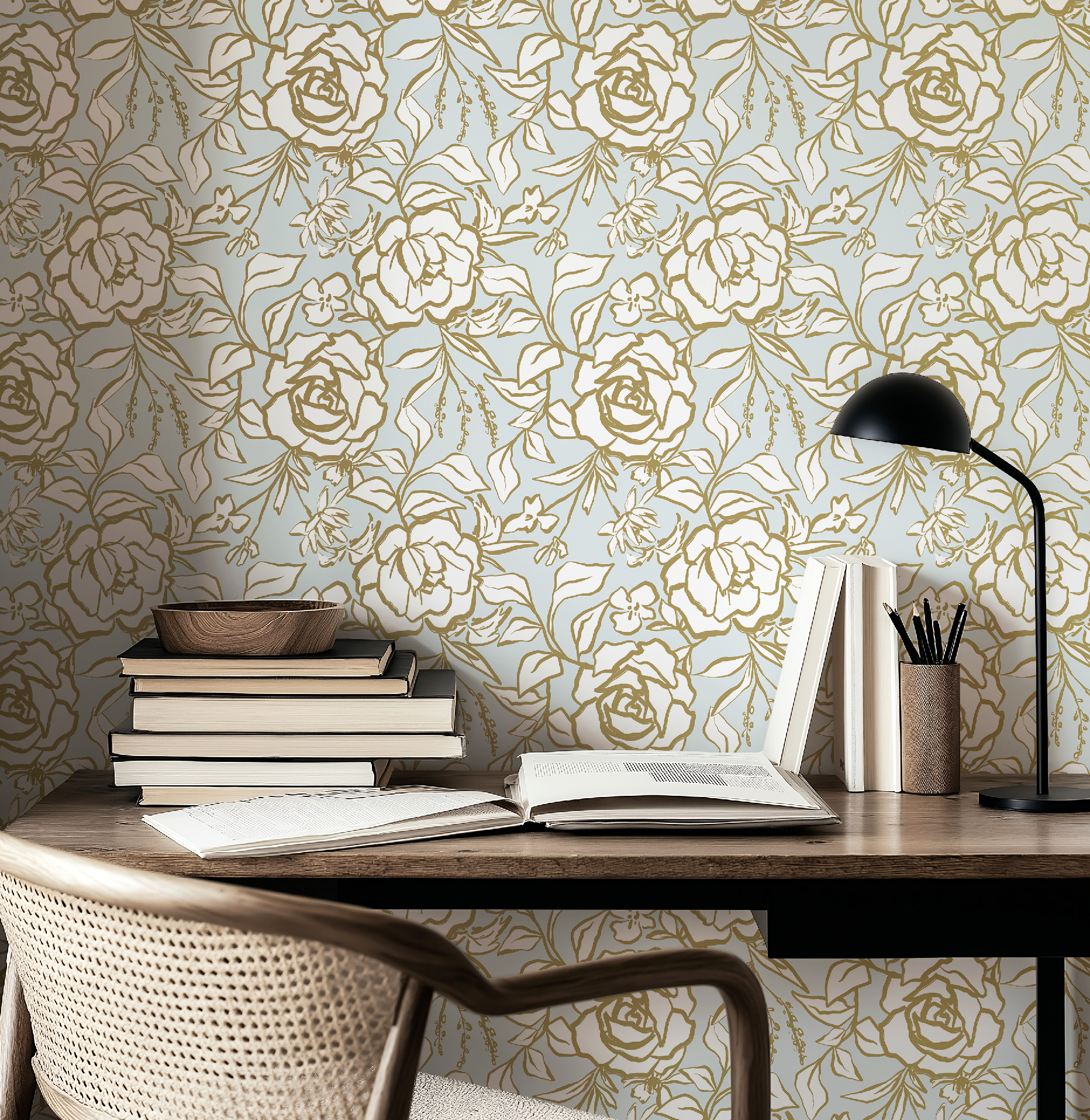 Floral Ink Wallpaper in Light Blue and Gold
