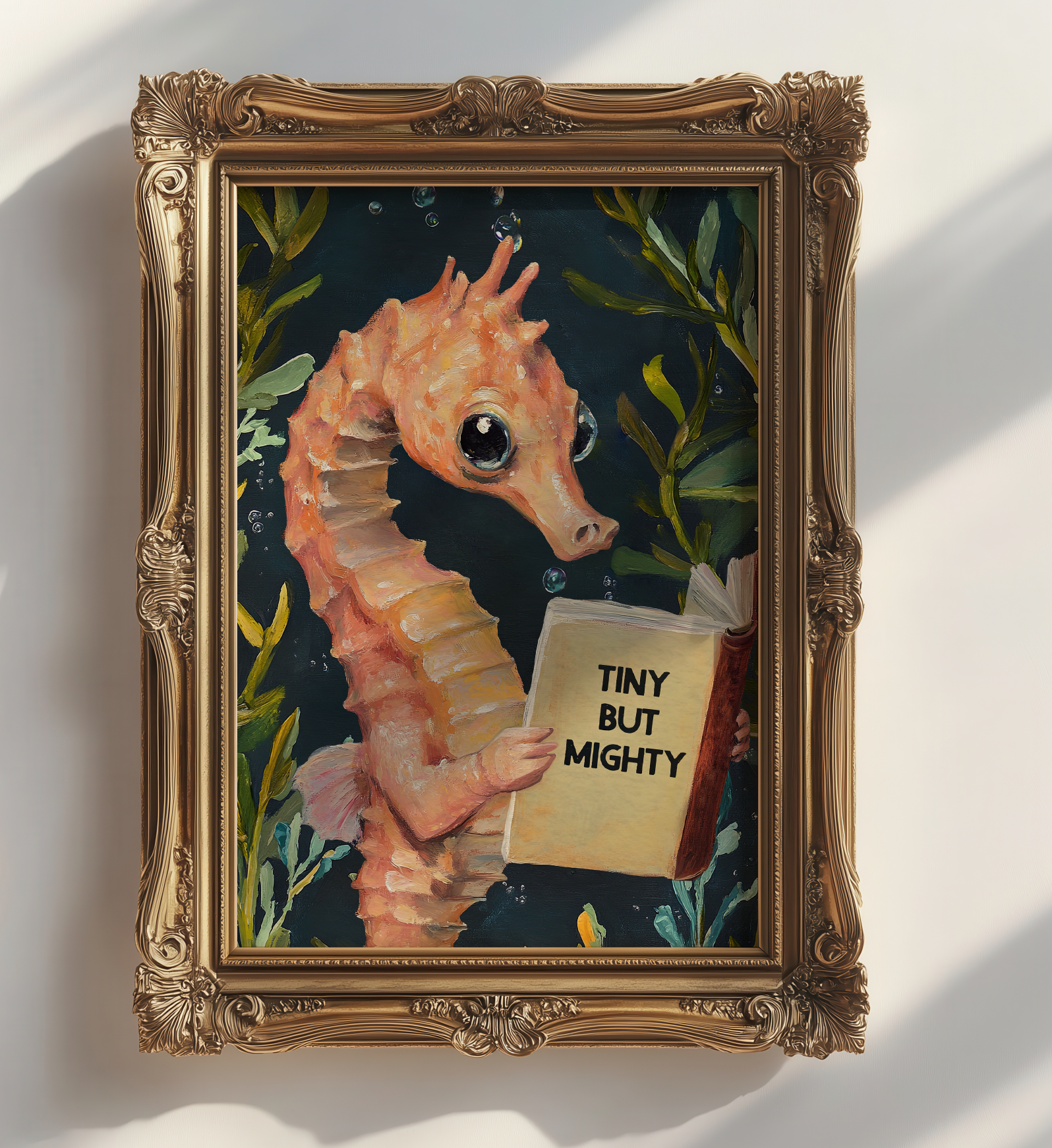 Tiny But Mighty Seahorse Reading Book Art Print – “Tiny But Mighty” Literary Sea Animal Wall Decor, Book Lover Gift