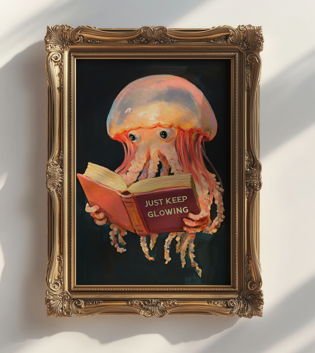 Jellyfish Reading Book Art Print – Funny Literary Sea Creature Wall Decor, Book Lover Gift, Ocean Vibes Home Decor