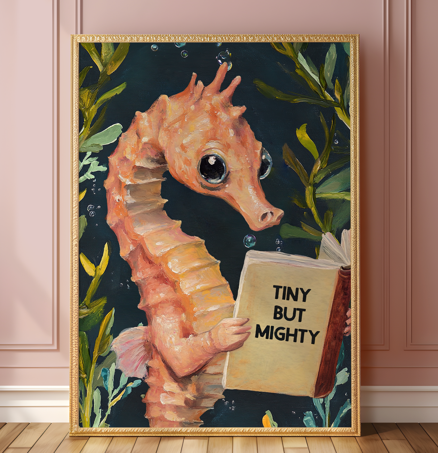 Tiny But Mighty Seahorse Reading Book Art Print – “Tiny But Mighty” Literary Sea Animal Wall Decor, Book Lover Gift