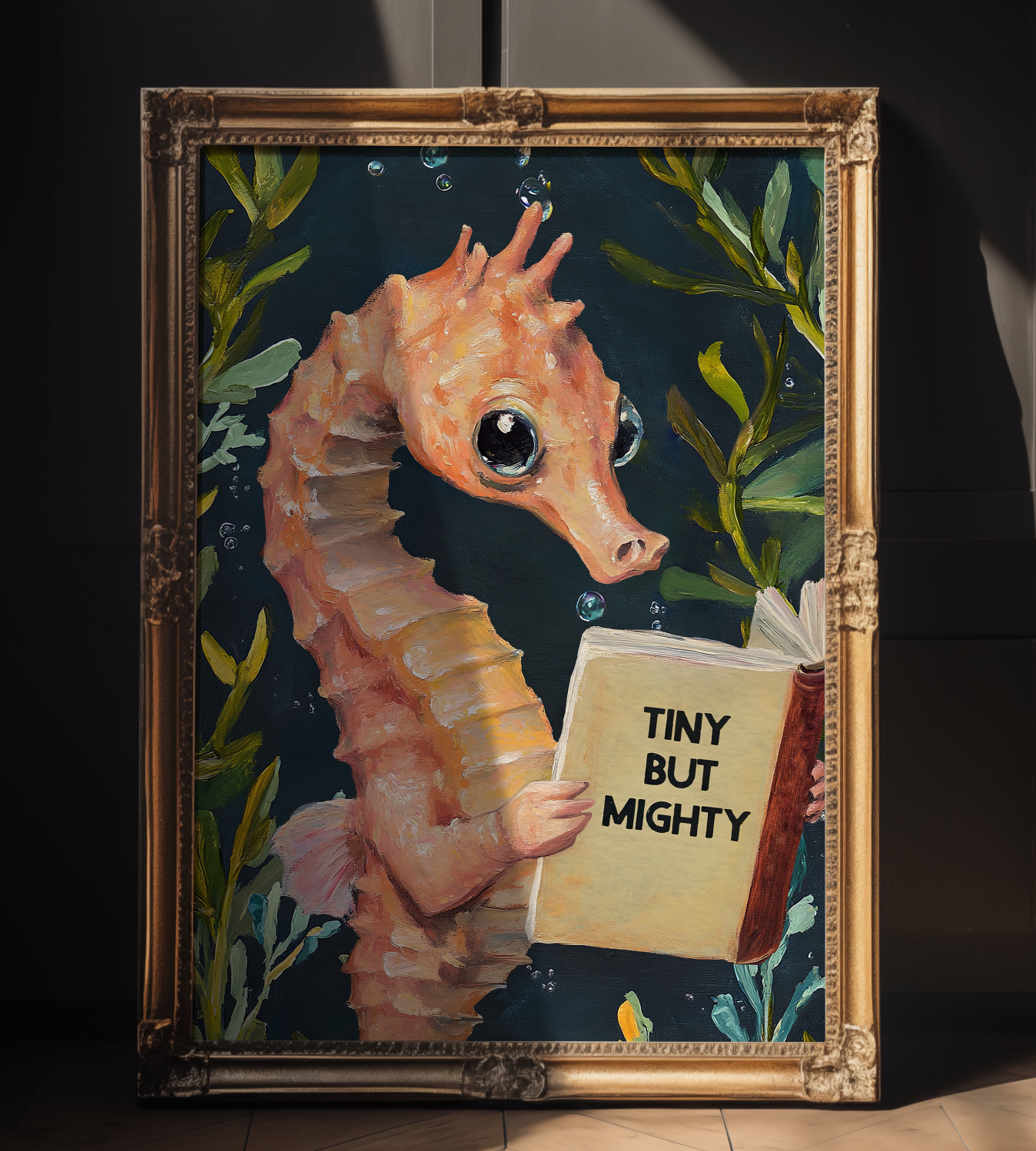 Tiny But Mighty Seahorse Reading Book Art Print – “Tiny But Mighty” Literary Sea Animal Wall Decor, Book Lover Gift