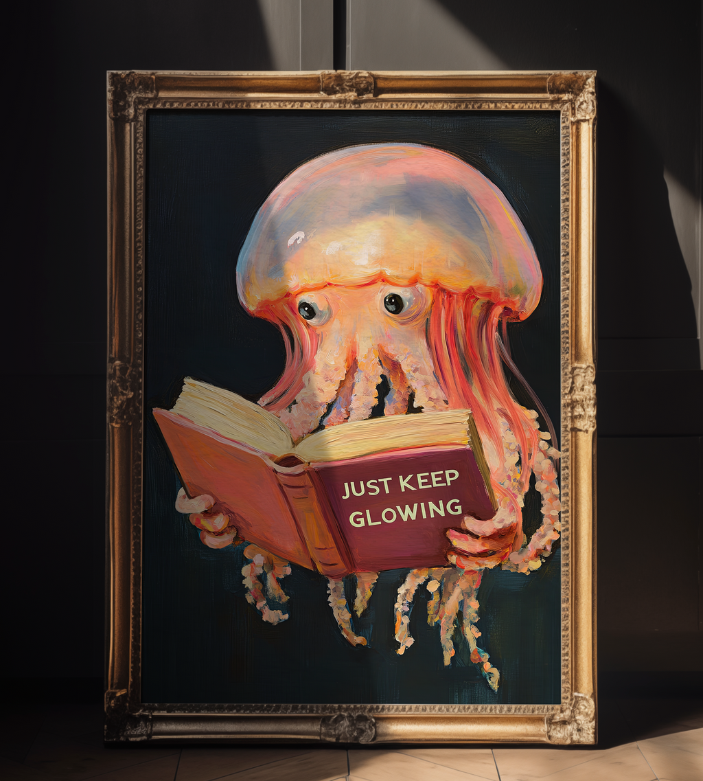 Jellyfish Reading Book Art Print – Funny Literary Sea Creature Wall Decor, Book Lover Gift, Ocean Vibes Home Decor