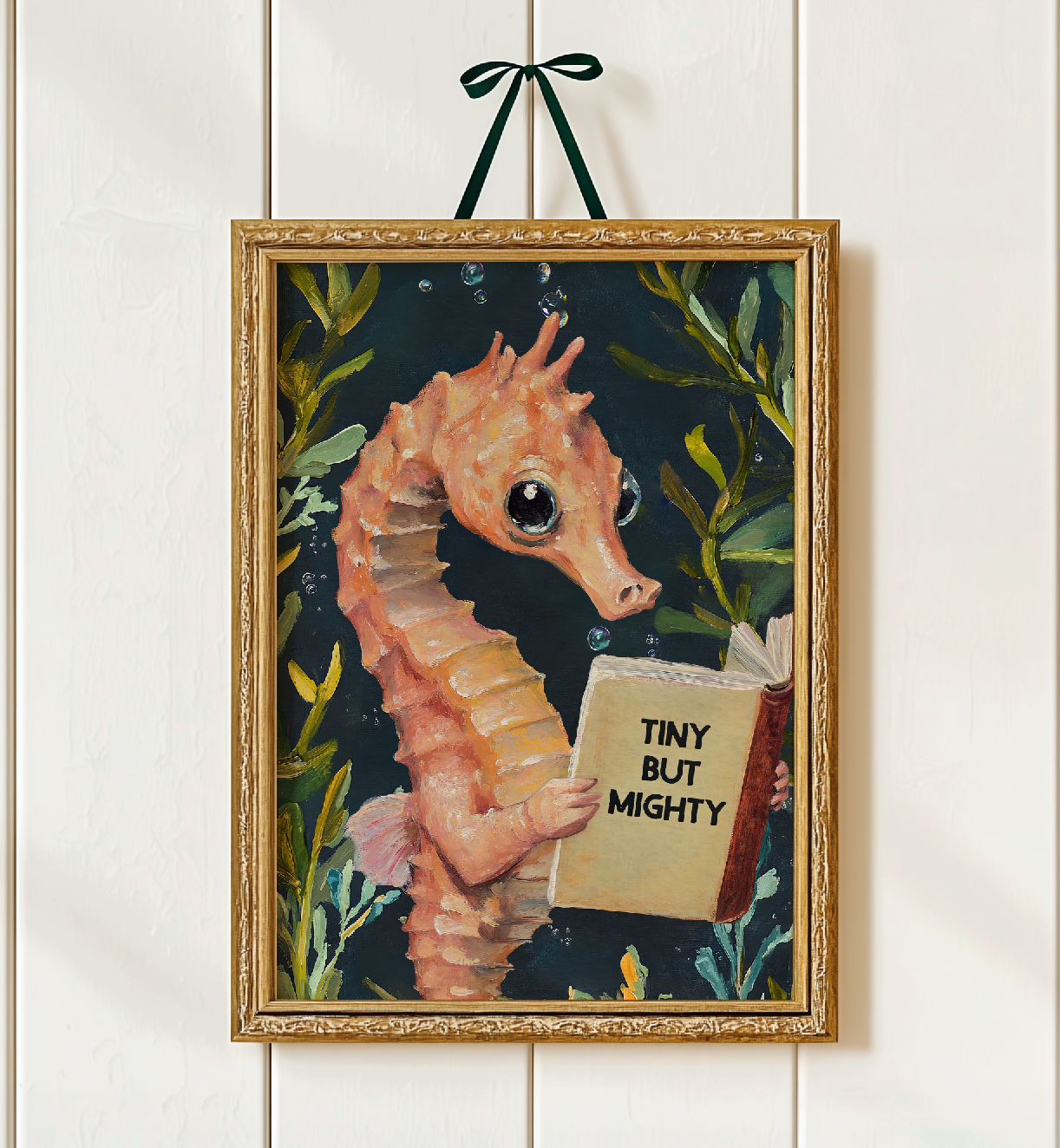 Tiny But Mighty Seahorse Reading Book Art Print – “Tiny But Mighty” Literary Sea Animal Wall Decor, Book Lover Gift