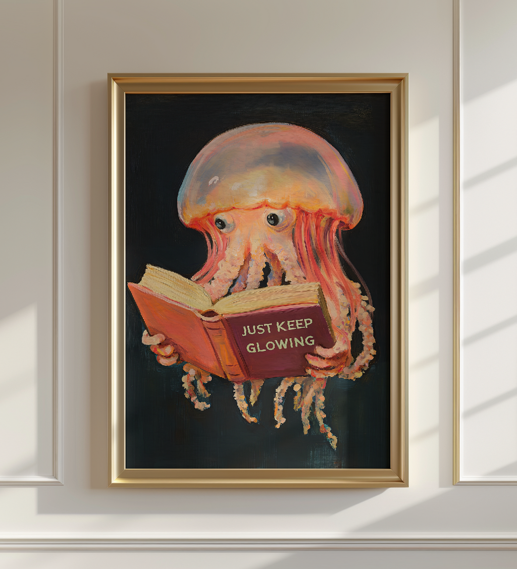Jellyfish Reading Book Art Print – Funny Literary Sea Creature Wall Decor, Book Lover Gift, Ocean Vibes Home Decor