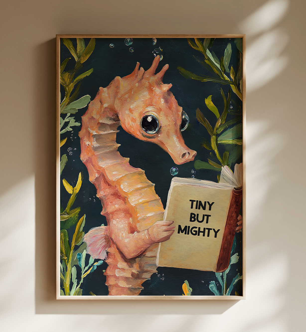 Tiny But Mighty Seahorse Reading Book Art Print – “Tiny But Mighty” Literary Sea Animal Wall Decor, Book Lover Gift