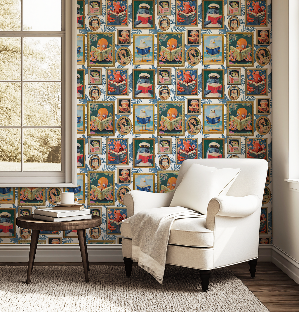 Whimsical Animals Reading Wallpaper - Coastal Beach House Version