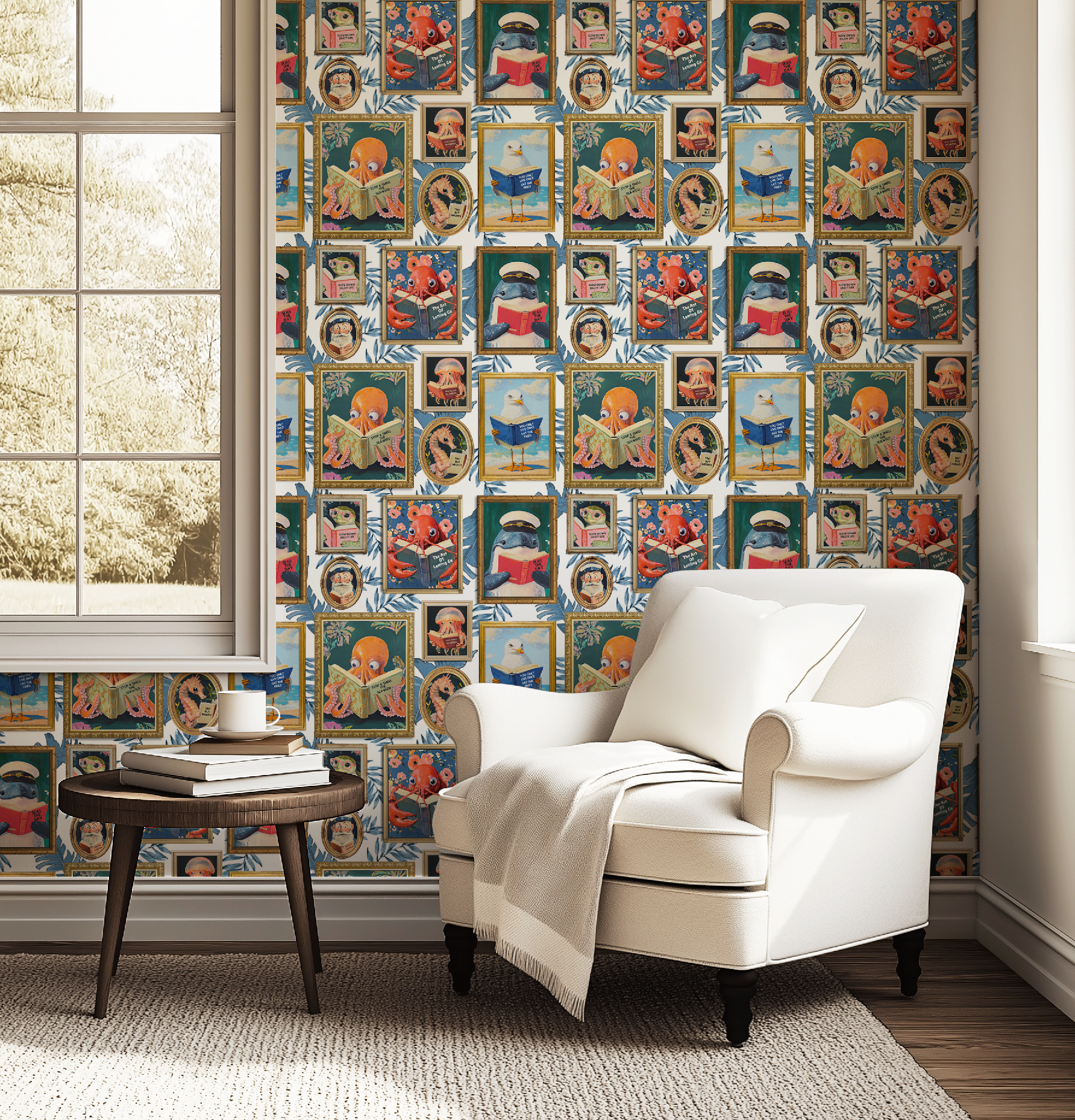 Whimsical Animals Reading Wallpaper - Coastal Beach House Version